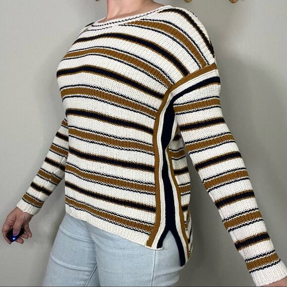 Max Studio Cream, Brown and Navy Blue Striped Sweater Size Medium - Picture 2 of 11